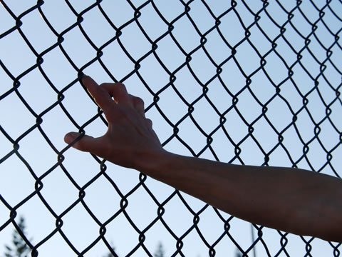 Hand holding a chain-link fence